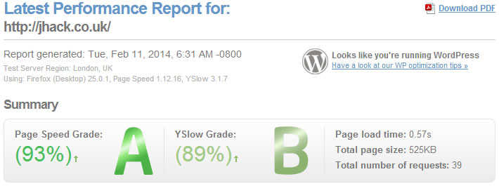 JHACK gtmetrix score card